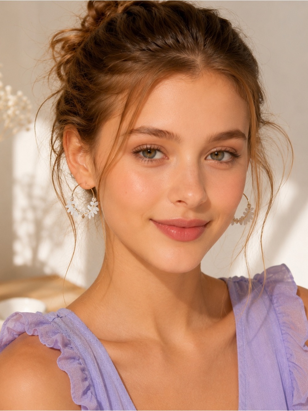 Gold Hoop Earrings with Frosted White Flower Accents
